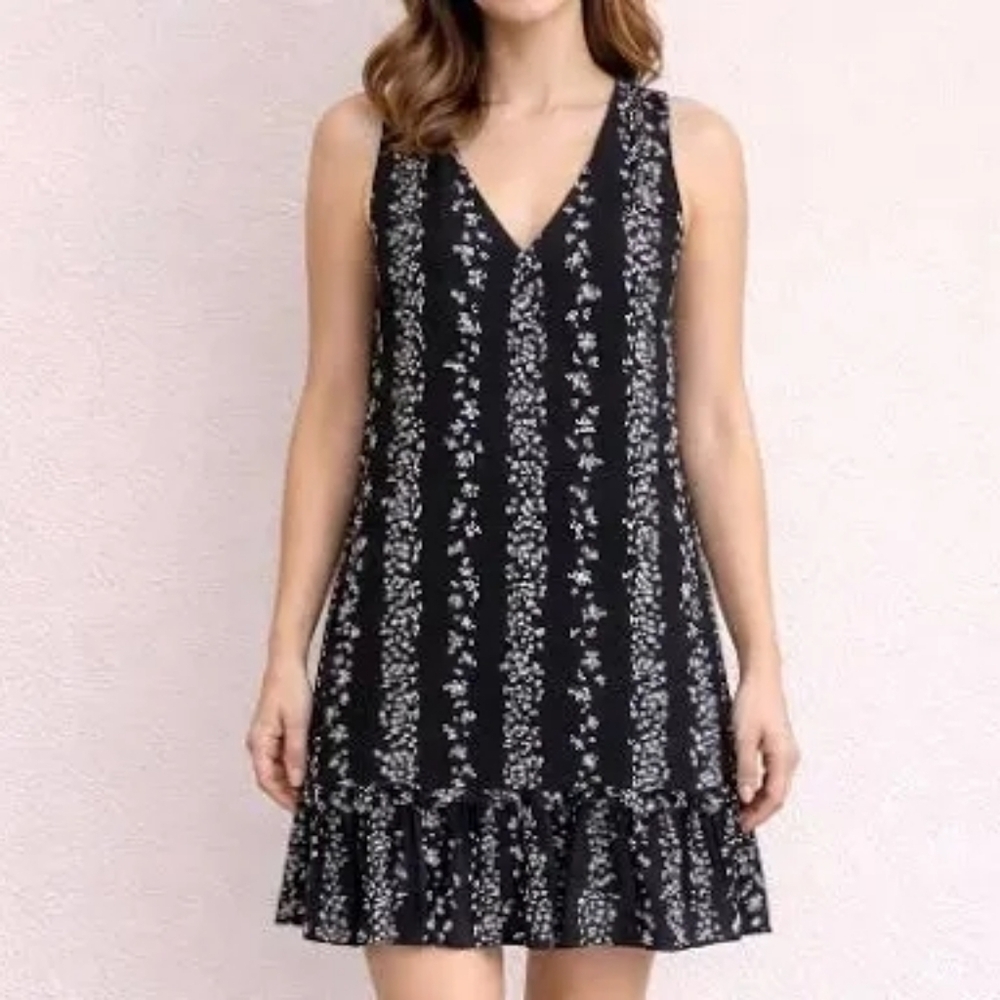 BCBG I Paris Black & White Floral V-Neck Sleeveless Dress with Ruffle Hem Sz XXL